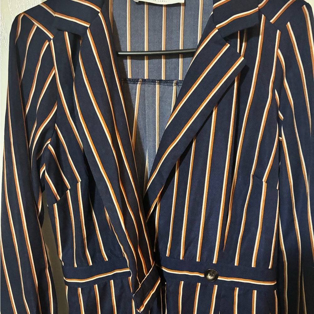 ASTR The Label Striped V-Neck Wide Leg Pantsuit Jumpsuit Navy Orange Size small